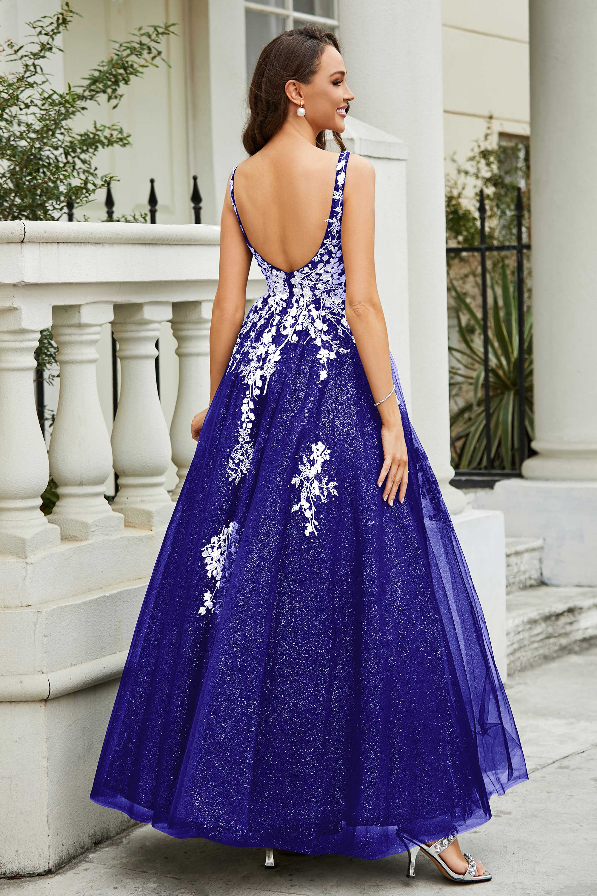Glitzernde Perlenapplikationen A-Linie Tüll Maxi Ballkleid Partykleid Abendkleid