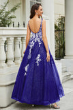 Glitzernde Perlenapplikationen A-Linie Tüll Maxi Ballkleid Partykleid Abendkleid
