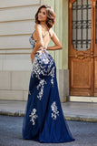 Vestido formal de noche con encaje y apliques de tul en la espalda para fiesta de graduación