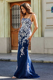 Vestido formal de noche con encaje y apliques de tul en la espalda para fiesta de graduación