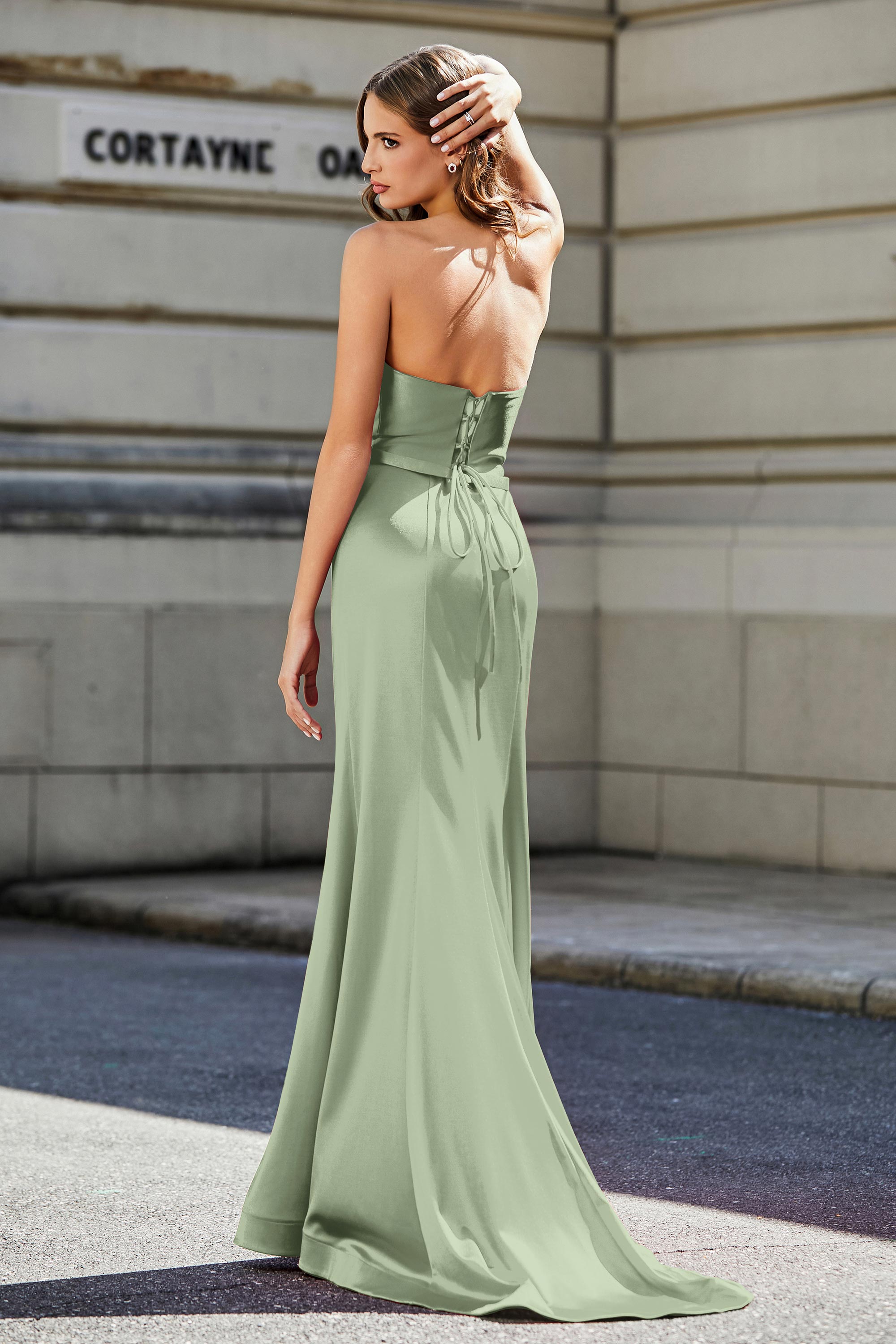 Lace Up Back Fitted Strapless Satin Mermaid Formal Evening Gown Prom Party Dress