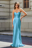 Lace Up Back Fitted Strapless Satin Mermaid Formal Evening Gown Prom Party Dress