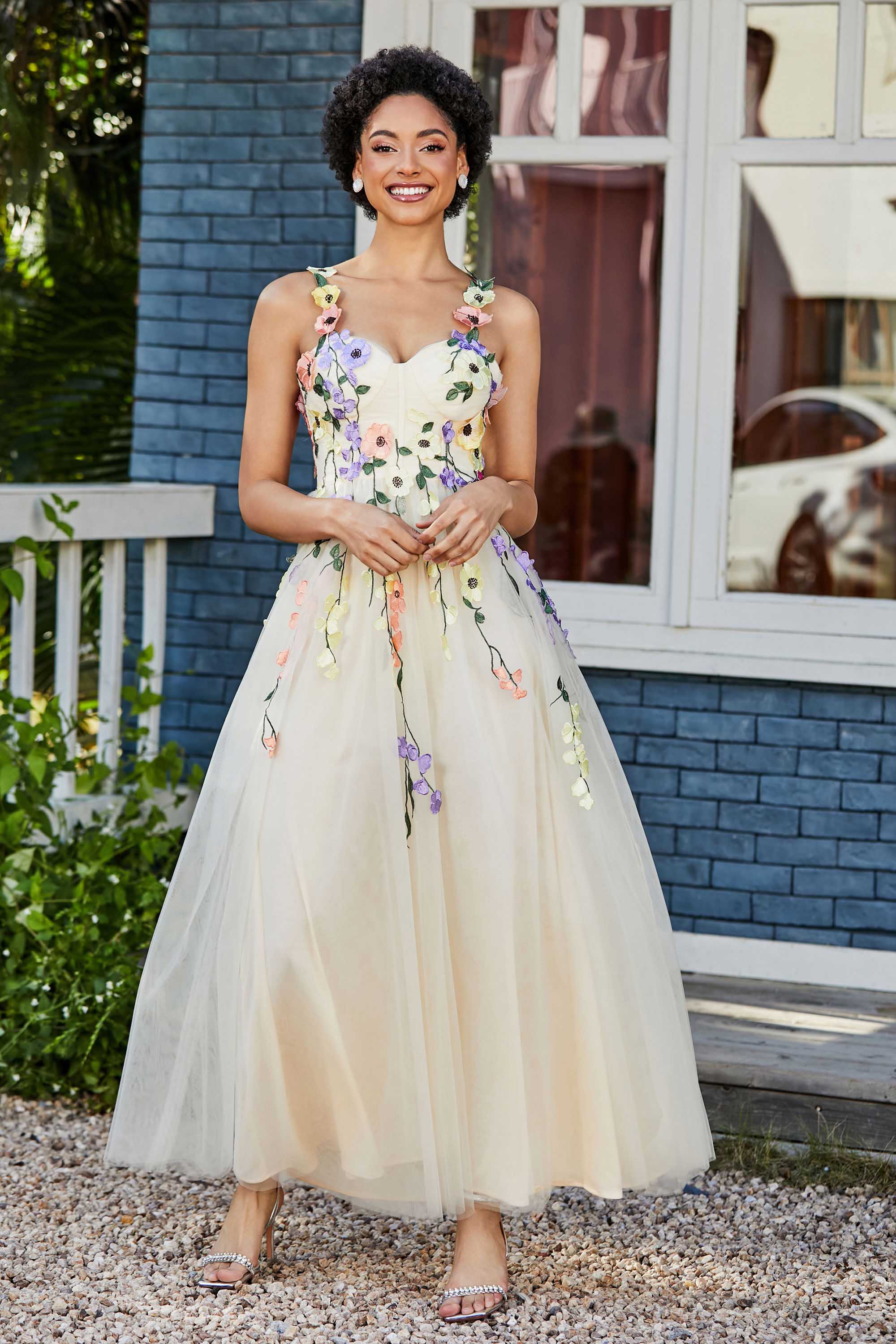 Blumenapplikationen oben Midi Tüll Ballkleid Partykleid Abendkleider