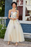 Blumenapplikationen oben Midi Tüll Ballkleid Partykleid Abendkleider