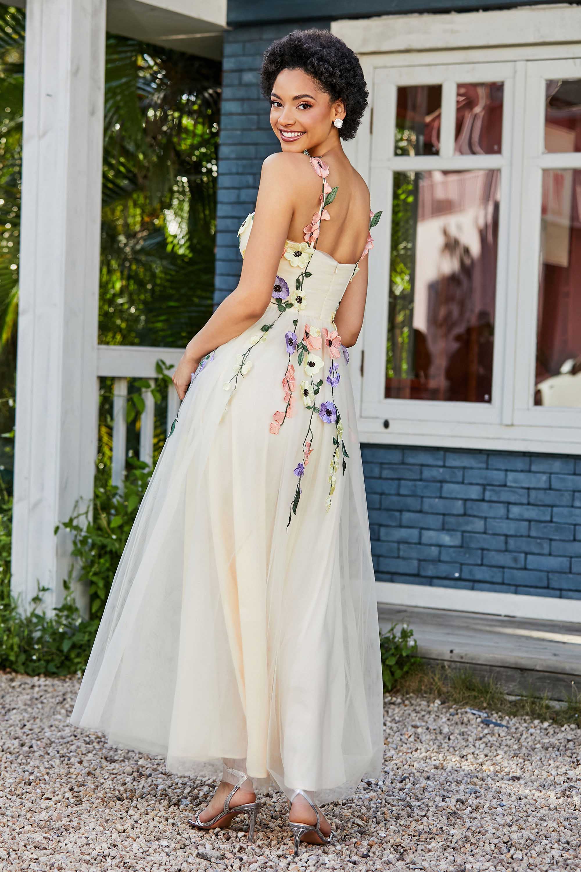 Blumenapplikationen oben Midi Tüll Ballkleid Partykleid Abendkleider