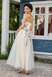 Blumenapplikationen oben Midi Tüll Ballkleid Partykleid Abendkleider