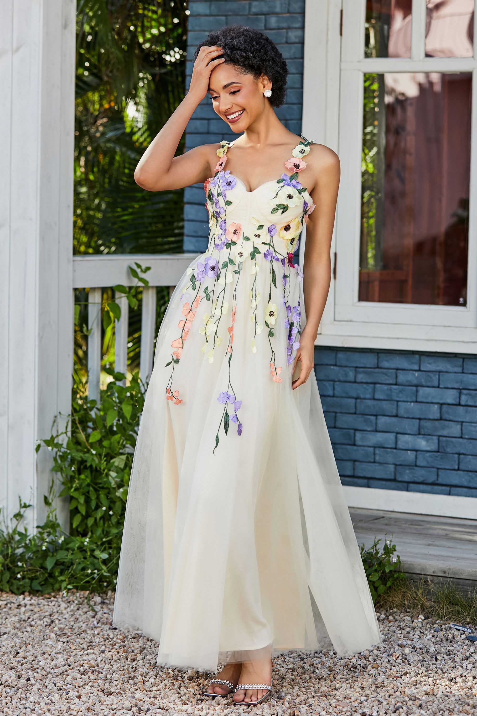 Blumenapplikationen oben Midi Tüll Ballkleid Partykleid Abendkleider