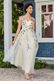 Blumenapplikationen oben Midi Tüll Ballkleid Partykleid Abendkleider