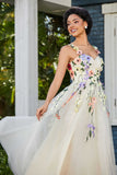 Blumenapplikationen oben Midi Tüll Ballkleid Partykleid Abendkleider