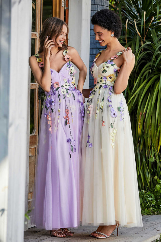 Blumenapplikationen oben Midi Tüll Ballkleid Partykleid Abendkleider