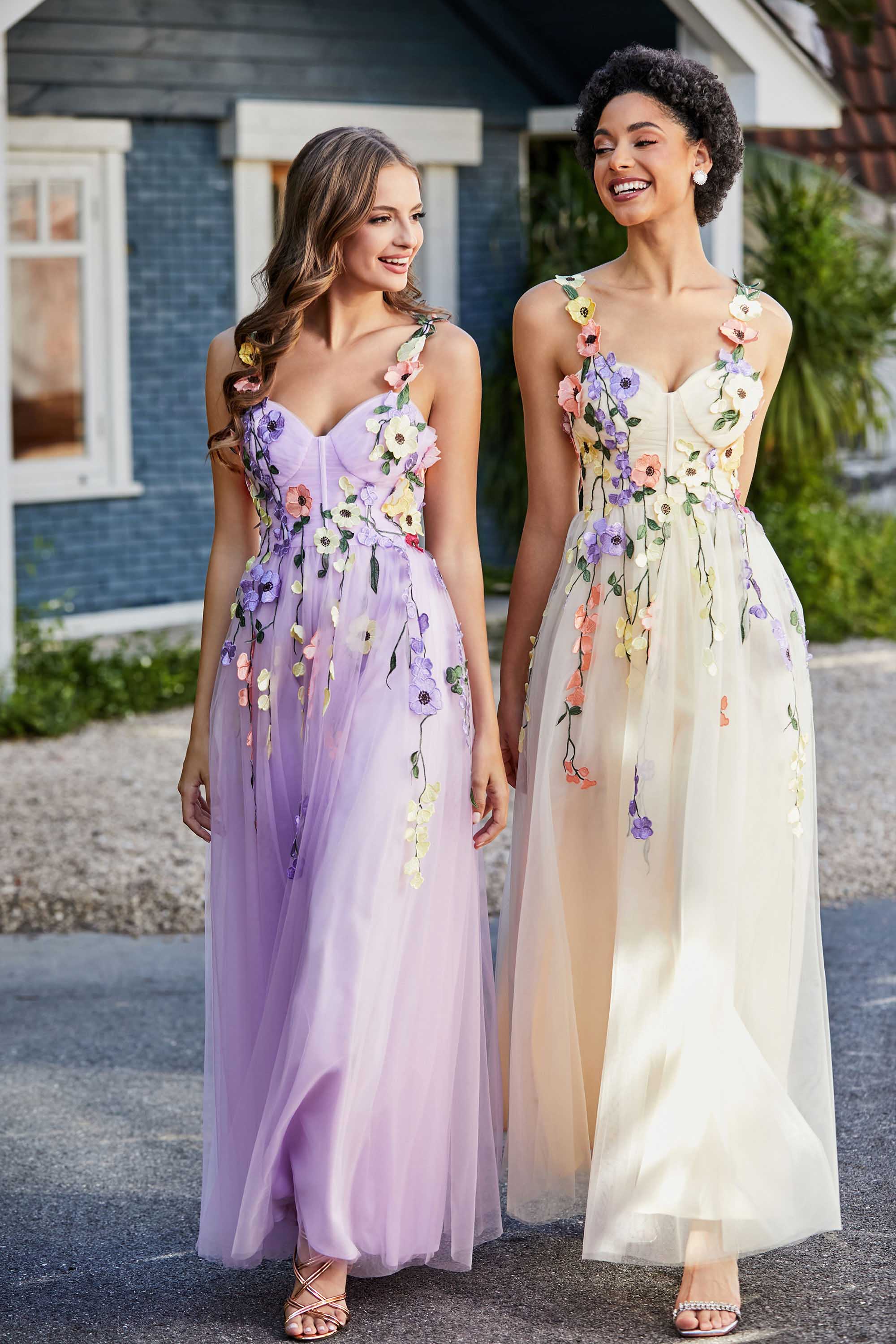 Blumenapplikationen oben Midi Tüll Ballkleid Partykleid Abendkleider