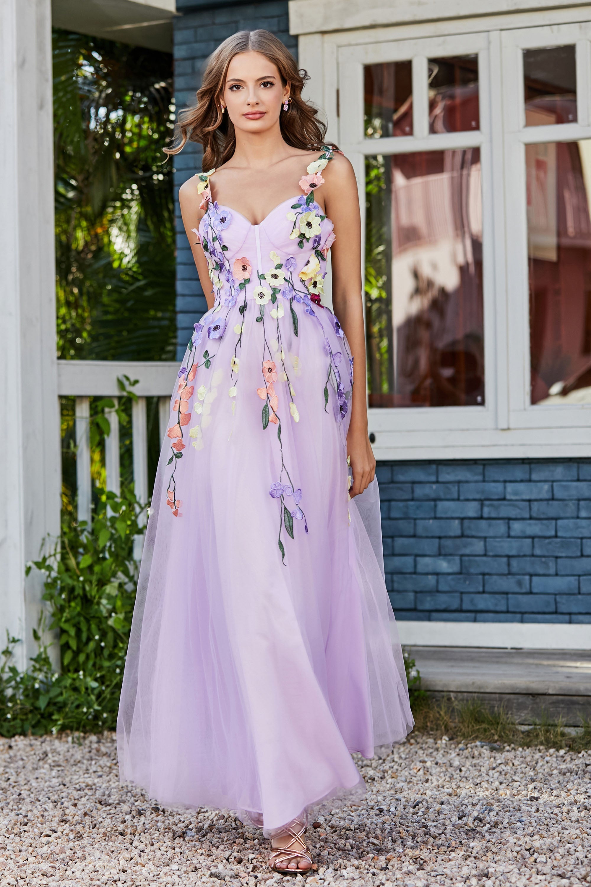 Blumenapplikationen oben Midi Tüll Ballkleid Partykleid Abendkleider