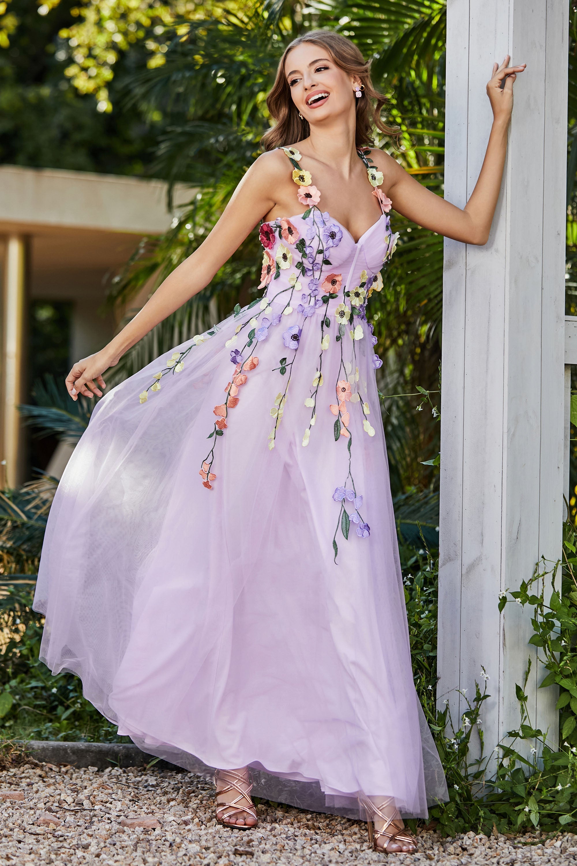 Blumenapplikationen oben Midi Tüll Ballkleid Partykleid Abendkleider