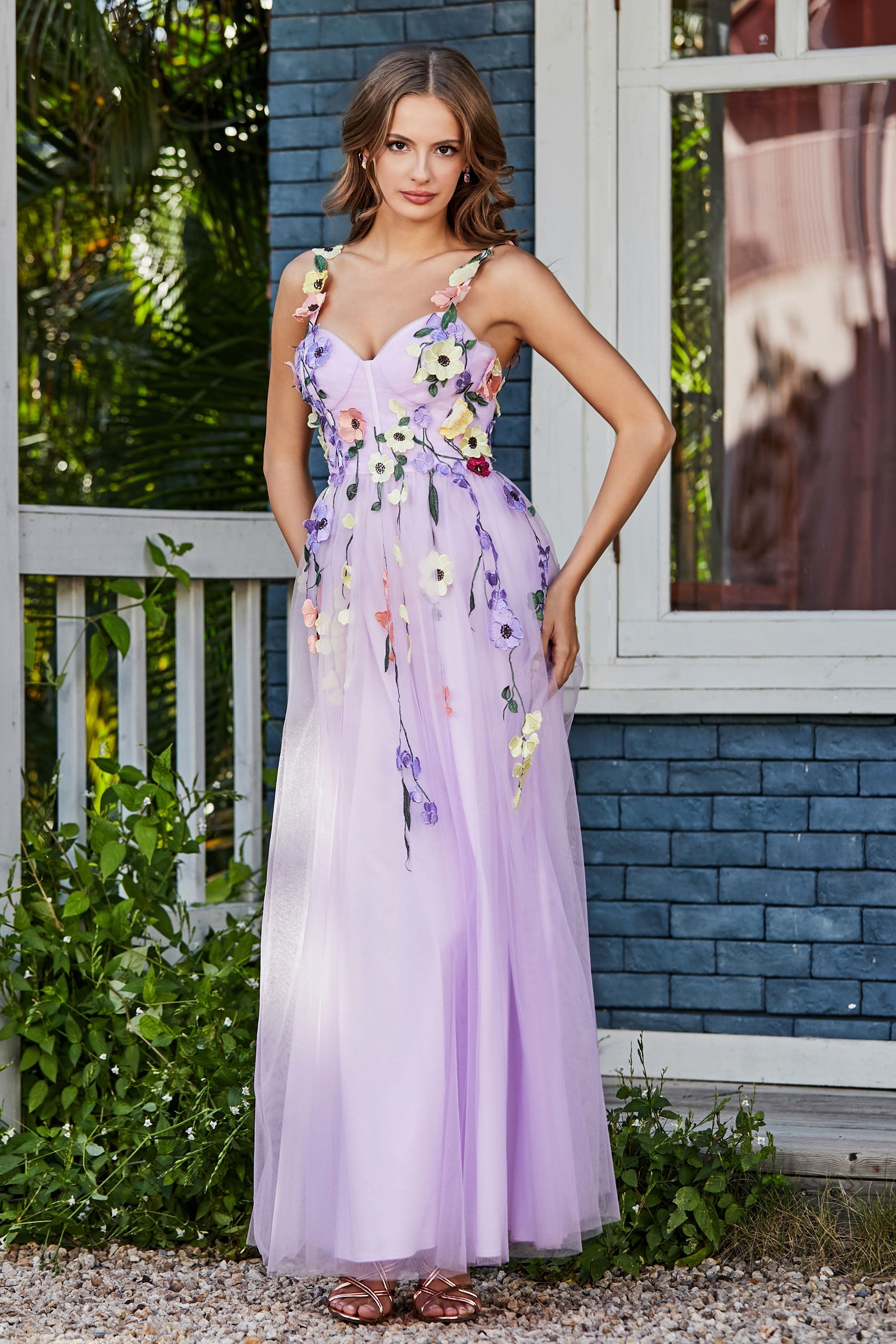 Blumenapplikationen oben Midi Tüll Ballkleid Partykleid Abendkleider