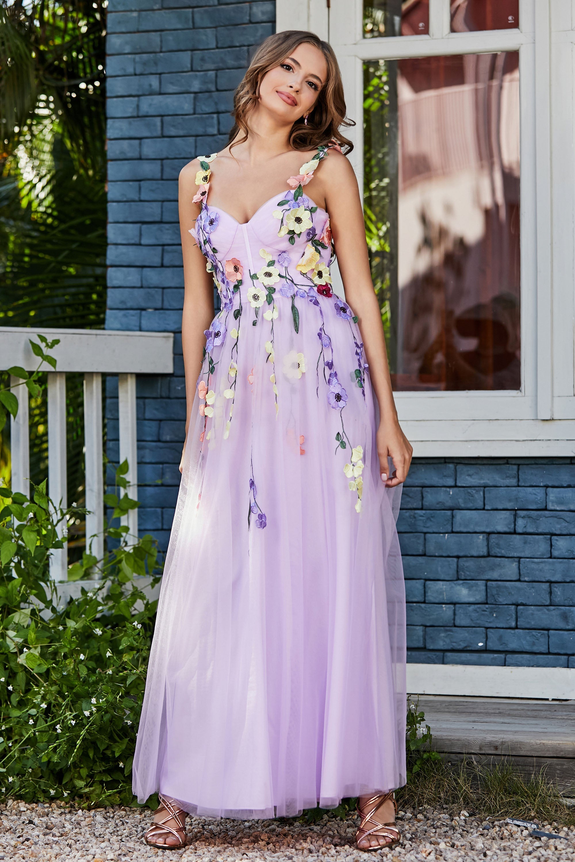 Blumenapplikationen oben Midi Tüll Ballkleid Partykleid Abendkleider