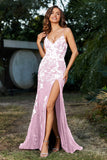 Hochgeschlitztes Meerjungfrau-Tüll-Abschlussball-Partykleid, formelle Abendkleider, Applikationen, Spitze, V-Ausschnitt