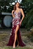 Hochgeschlitztes Meerjungfrau-Tüll-Abschlussball-Partykleid, formelle Abendkleider, Applikationen, Spitze, V-Ausschnitt