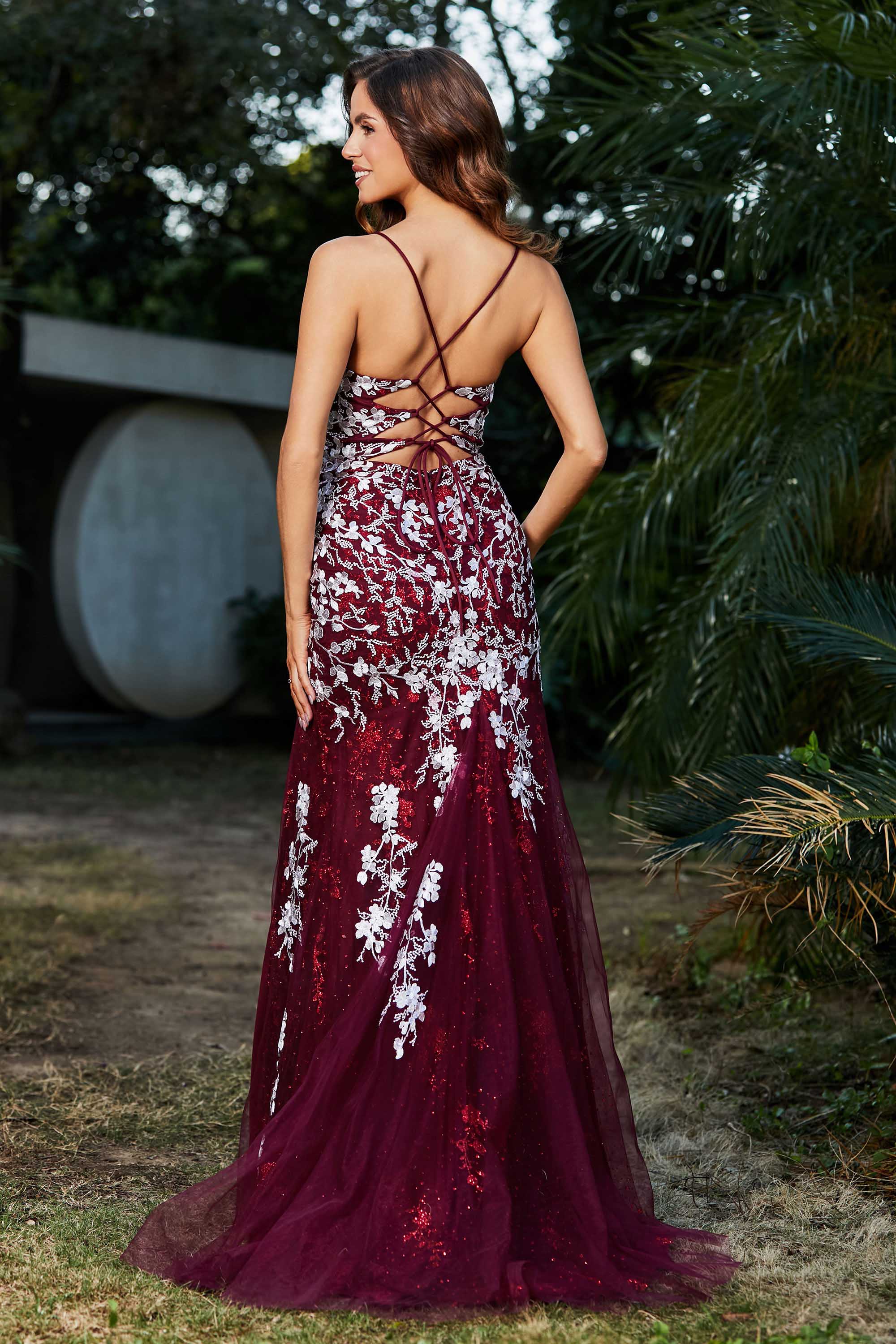 Hochgeschlitztes Meerjungfrau-Tüll-Abschlussball-Partykleid, formelle Abendkleider, Applikationen, Spitze, V-Ausschnitt