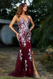 Hochgeschlitztes Meerjungfrau-Tüll-Abschlussball-Partykleid, formelle Abendkleider, Applikationen, Spitze, V-Ausschnitt