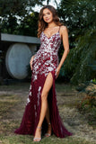 Hochgeschlitztes Meerjungfrau-Tüll-Abschlussball-Partykleid, formelle Abendkleider, Applikationen, Spitze, V-Ausschnitt