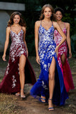 Hochgeschlitztes Meerjungfrau-Tüll-Abschlussball-Partykleid, formelle Abendkleider, Applikationen, Spitze, V-Ausschnitt