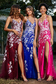 Hochgeschlitztes Meerjungfrau-Tüll-Abschlussball-Partykleid, formelle Abendkleider, Applikationen, Spitze, V-Ausschnitt
