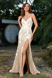 Hochgeschlitztes Meerjungfrau-Tüll-Abschlussball-Partykleid, formelle Abendkleider, Applikationen, Spitze, V-Ausschnitt