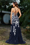 Hochgeschlitztes Meerjungfrau-Tüll-Abschlussball-Partykleid, formelle Abendkleider, Applikationen, Spitze, V-Ausschnitt