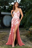 Hochgeschlitztes Meerjungfrau-Tüll-Abschlussball-Partykleid, formelle Abendkleider, Applikationen, Spitze, V-Ausschnitt
