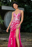 Hochgeschlitztes Meerjungfrau-Tüll-Abschlussball-Partykleid, formelle Abendkleider, Applikationen, Spitze, V-Ausschnitt