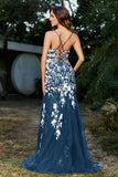 Hochgeschlitztes Meerjungfrau-Tüll-Abschlussball-Partykleid, formelle Abendkleider, Applikationen, Spitze, V-Ausschnitt
