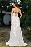 Hochgeschlitztes Meerjungfrau-Tüll-Abschlussball-Partykleid, formelle Abendkleider, Applikationen, Spitze, V-Ausschnitt