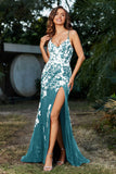Hochgeschlitztes Meerjungfrau-Tüll-Abschlussball-Partykleid, formelle Abendkleider, Applikationen, Spitze, V-Ausschnitt