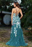 Hochgeschlitztes Meerjungfrau-Tüll-Abschlussball-Partykleid, formelle Abendkleider, Applikationen, Spitze, V-Ausschnitt