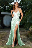 Hochgeschlitztes Meerjungfrau-Tüll-Abschlussball-Partykleid, formelle Abendkleider, Applikationen, Spitze, V-Ausschnitt