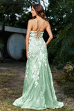 Hochgeschlitztes Meerjungfrau-Tüll-Abschlussball-Partykleid, formelle Abendkleider, Applikationen, Spitze, V-Ausschnitt