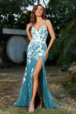 Hochgeschlitztes Meerjungfrau-Tüll-Abschlussball-Partykleid, formelle Abendkleider, Applikationen, Spitze, V-Ausschnitt