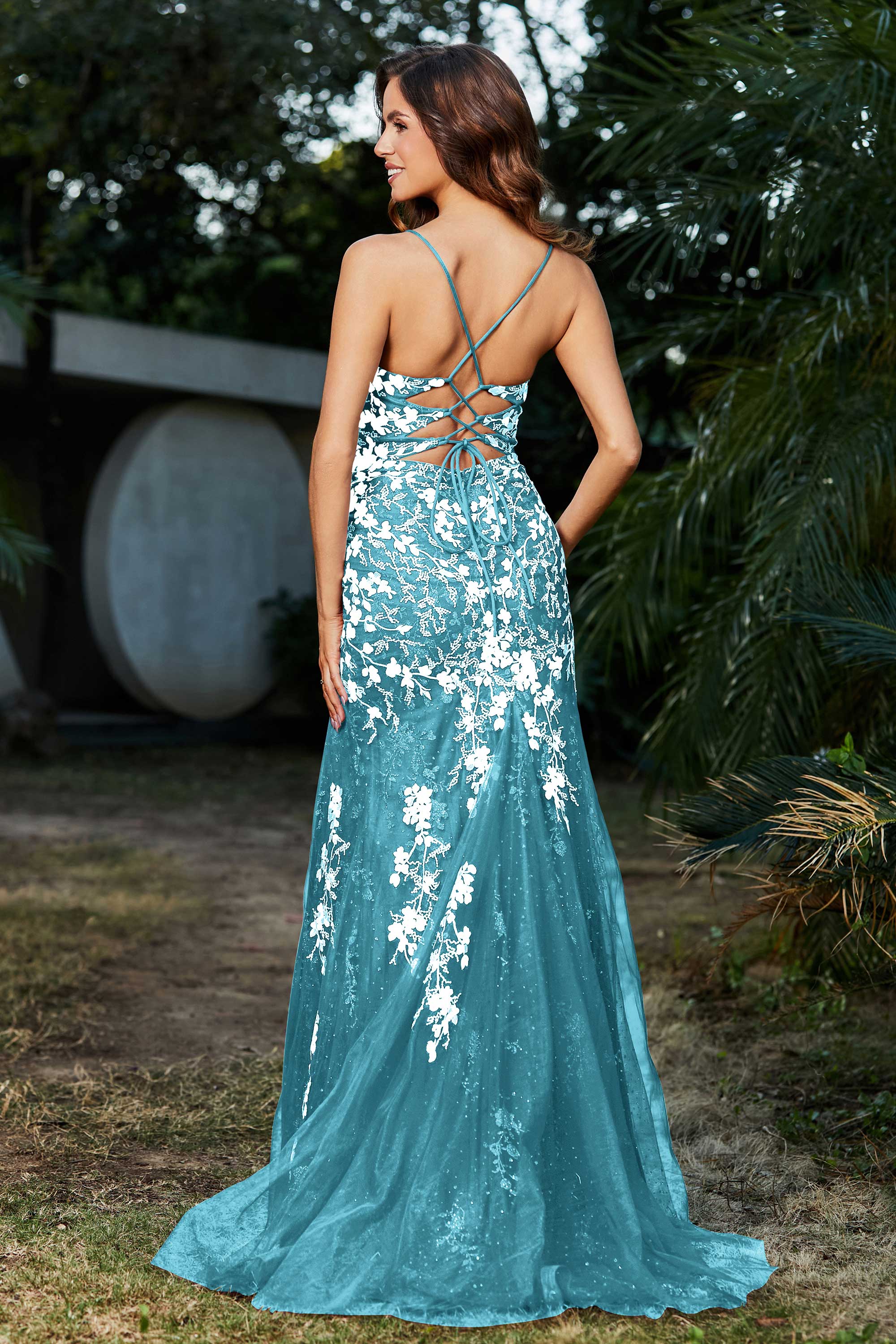 Hochgeschlitztes Meerjungfrau-Tüll-Abschlussball-Partykleid, formelle Abendkleider, Applikationen, Spitze, V-Ausschnitt
