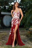 Hochgeschlitztes Meerjungfrau-Tüll-Abschlussball-Partykleid, formelle Abendkleider, Applikationen, Spitze, V-Ausschnitt
