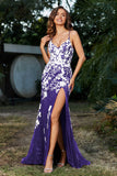 Hochgeschlitztes Meerjungfrau-Tüll-Abschlussball-Partykleid, formelle Abendkleider, Applikationen, Spitze, V-Ausschnitt