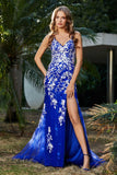 Hochgeschlitztes Meerjungfrau-Tüll-Abschlussball-Partykleid, formelle Abendkleider, Applikationen, Spitze, V-Ausschnitt