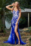 Hochgeschlitztes Meerjungfrau-Tüll-Abschlussball-Partykleid, formelle Abendkleider, Applikationen, Spitze, V-Ausschnitt