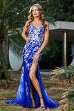 Hochgeschlitztes Meerjungfrau-Tüll-Abschlussball-Partykleid, formelle Abendkleider, Applikationen, Spitze, V-Ausschnitt
