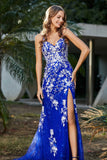 Hochgeschlitztes Meerjungfrau-Tüll-Abschlussball-Partykleid, formelle Abendkleider, Applikationen, Spitze, V-Ausschnitt