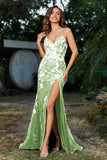 V-Neck High Slit Tulle Floor-Length Prom Party Dress Formal Evening Dresses Mermaid Appliques