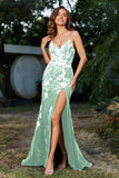 Hochgeschlitztes Meerjungfrau-Tüll-Abschlussball-Partykleid, formelle Abendkleider, Applikationen, Spitze, V-Ausschnitt