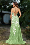 V-Neck High Slit Tulle Floor-Length Prom Party Dress Formal Evening Dresses Mermaid Appliques