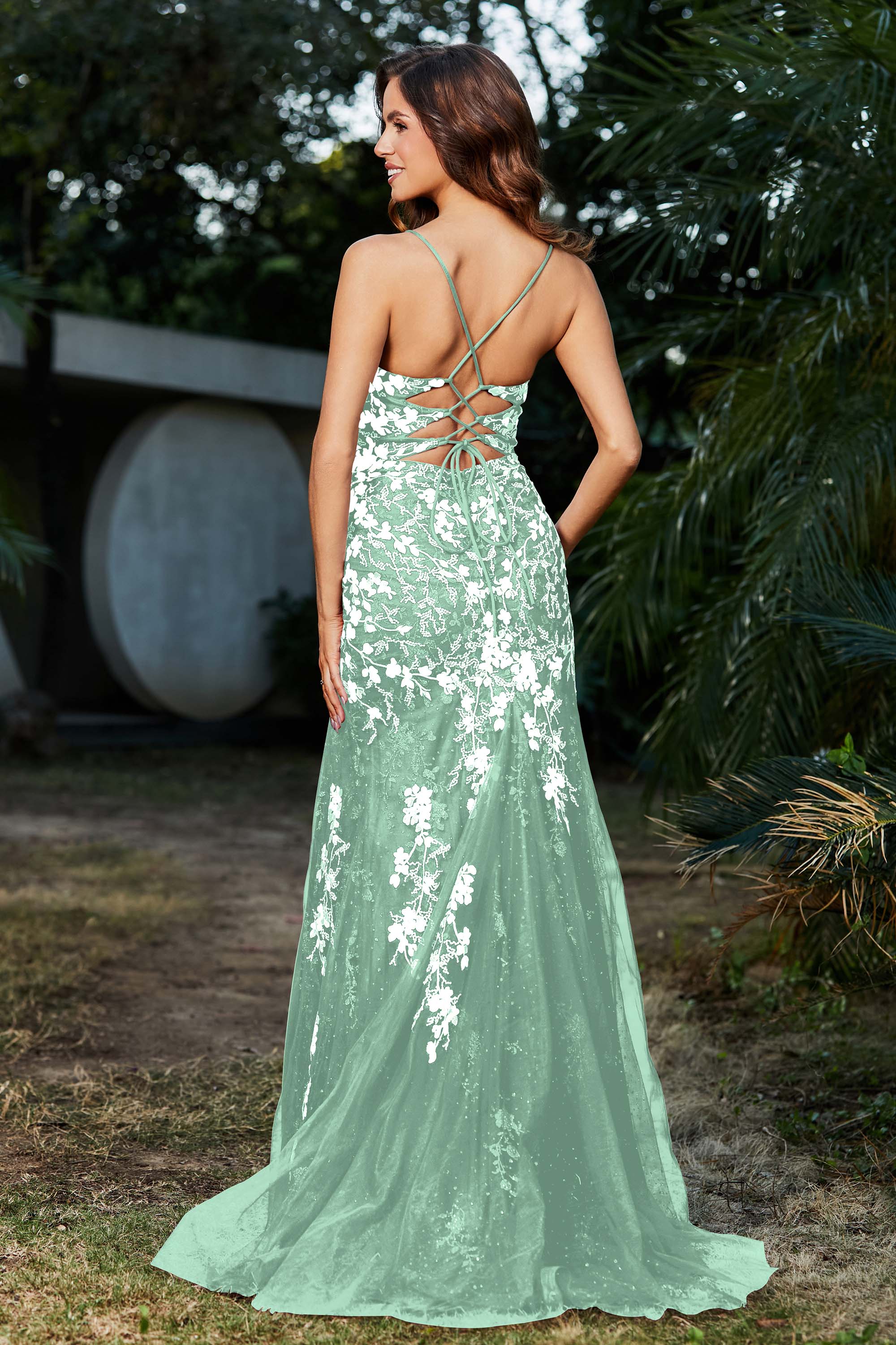Hochgeschlitztes Meerjungfrau-Tüll-Abschlussball-Partykleid, formelle Abendkleider, Applikationen, Spitze, V-Ausschnitt
