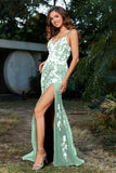 Hochgeschlitztes Meerjungfrau-Tüll-Abschlussball-Partykleid, formelle Abendkleider, Applikationen, Spitze, V-Ausschnitt