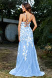 Hochgeschlitztes Meerjungfrau-Tüll-Abschlussball-Partykleid, formelle Abendkleider, Applikationen, Spitze, V-Ausschnitt